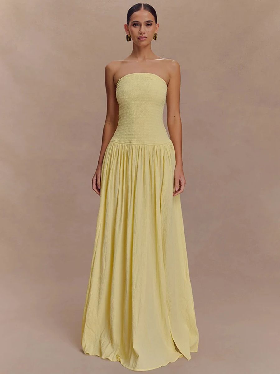 Elegant Off-Shoulder Strapless Backless Maxi Dress with High Split Mozision - Women's Maxi Dresses