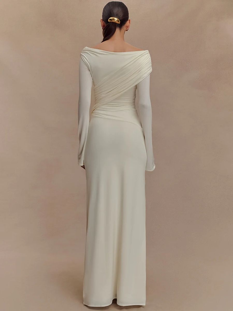 Elegant V-Neck Long Sleeve Ruched Floor-Length Bodycon Dress Mozision - Women's Maxi Dresses 2