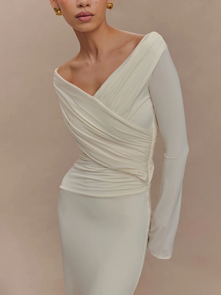 Elegant V-Neck Long Sleeve Ruched Floor-Length Bodycon Dress Mozision - Women's Maxi Dresses 3