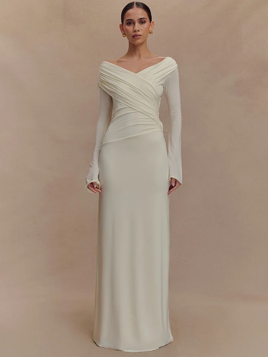 Elegant V-Neck Long Sleeve Ruched Floor-Length Bodycon Dress Mozision - Women's Maxi Dresses