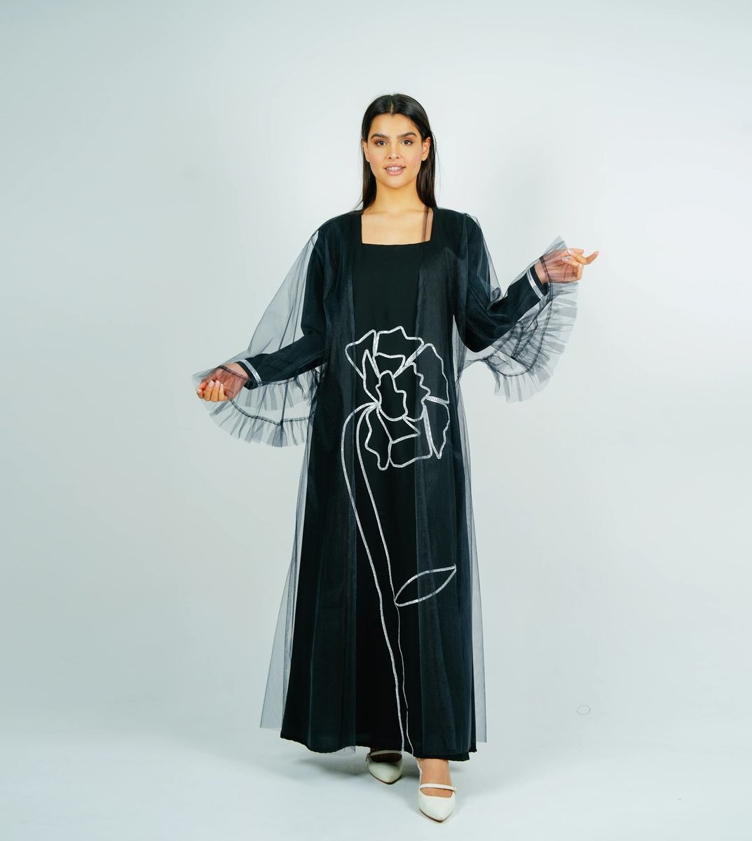 Jalabia With Silver Talli Embroidery & Sheer Tulle Jacket Delicate Ruffle Sleeves Rosette Abaya - Women's Jalabiyas 11