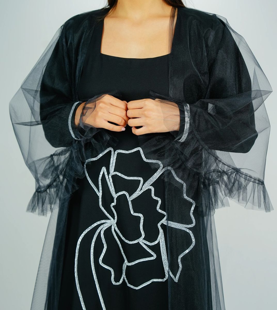 Jalabia With Silver Talli Embroidery & Sheer Tulle Jacket Delicate Ruffle Sleeves Rosette Abaya - Women's Jalabiyas 1