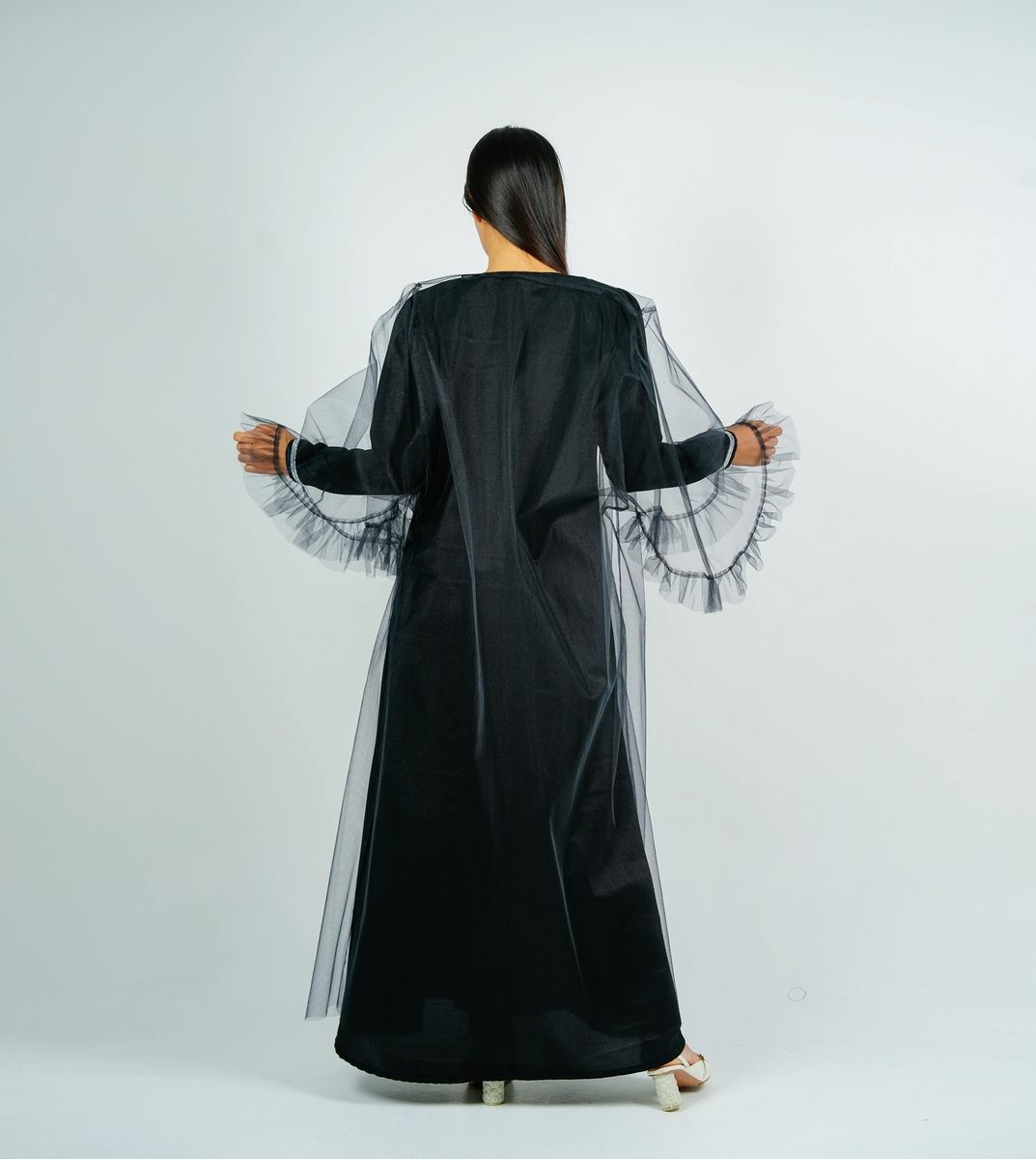 Jalabia With Silver Talli Embroidery & Sheer Tulle Jacket Delicate Ruffle Sleeves Rosette Abaya - Women's Jalabiyas 2