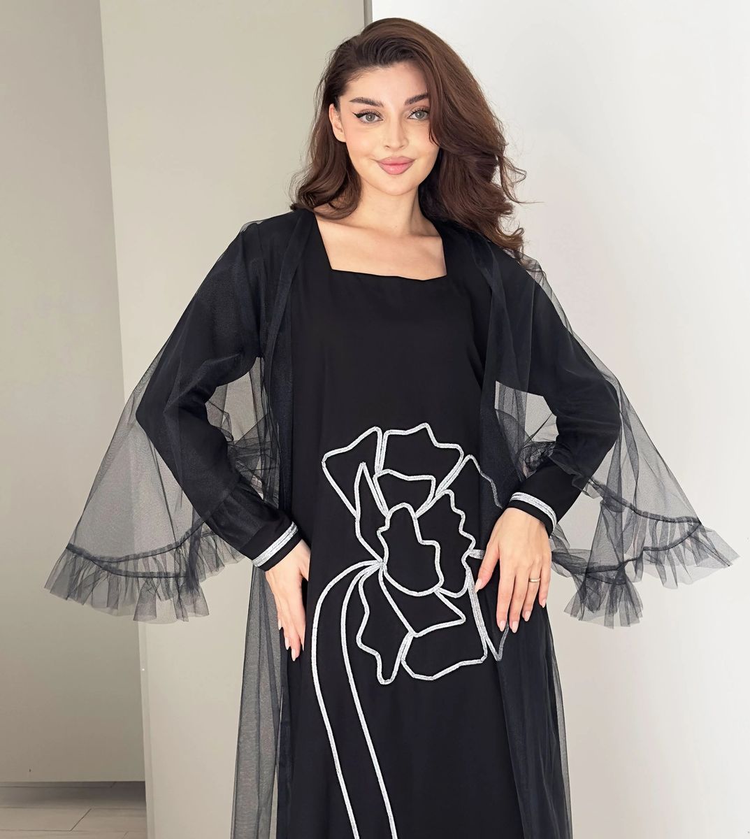 Jalabia With Silver Talli Embroidery & Sheer Tulle Jacket Delicate Ruffle Sleeves Rosette Abaya - Women's Jalabiyas 3