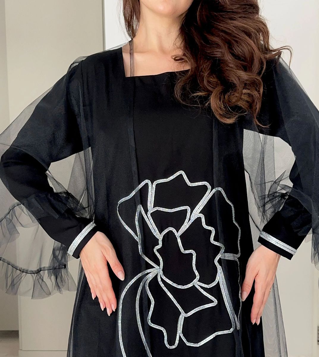 Jalabia With Silver Talli Embroidery & Sheer Tulle Jacket Delicate Ruffle Sleeves Rosette Abaya - Women's Jalabiyas 4