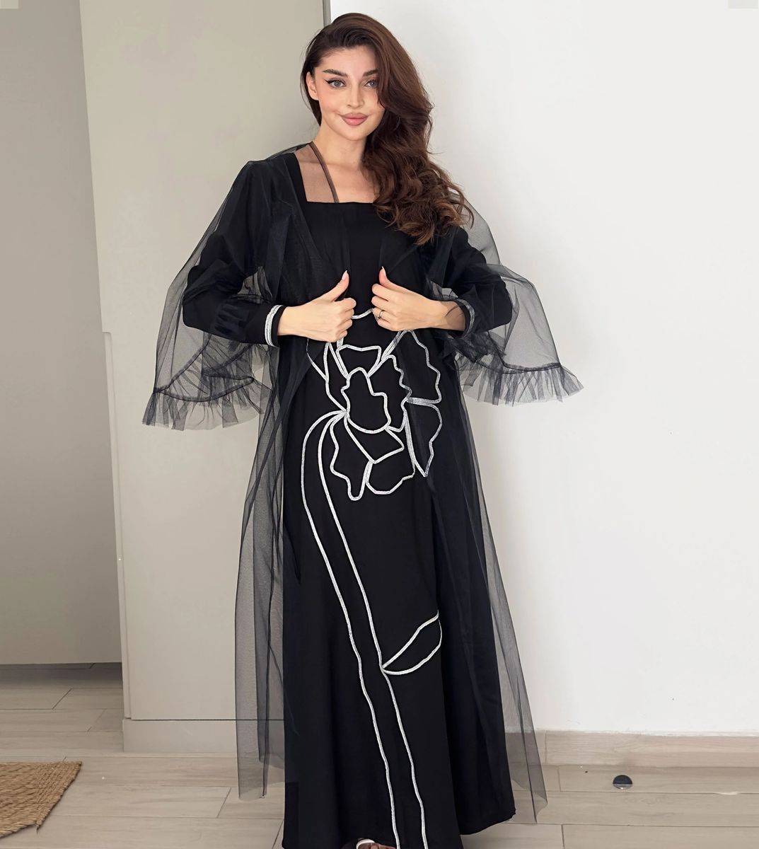 Jalabia With Silver Talli Embroidery & Sheer Tulle Jacket Delicate Ruffle Sleeves Rosette Abaya - Women's Jalabiyas 5