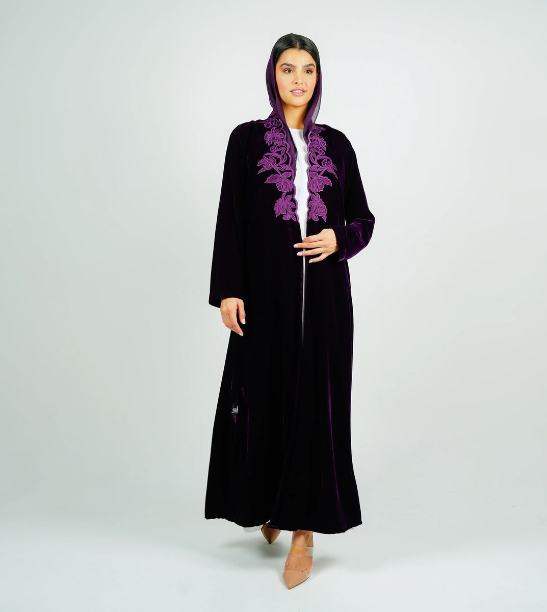 Luxurious Velvet Abaya With Embroidery On The Neckline Rosette Abaya - Women's Abayas 11