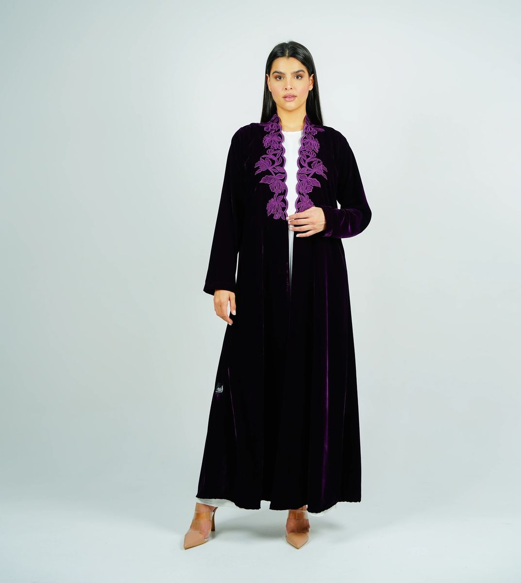 Luxurious Velvet Abaya With Embroidery On The Neckline Rosette Abaya - Women's Abayas 1