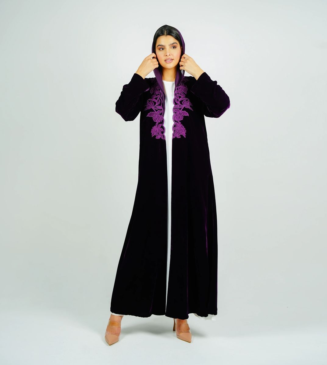 Luxurious Velvet Abaya With Embroidery On The Neckline Rosette Abaya - Women's Abayas 4