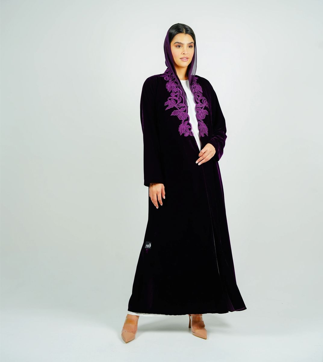 Luxurious Velvet Abaya With Embroidery On The Neckline Rosette Abaya - Women's Abayas 5