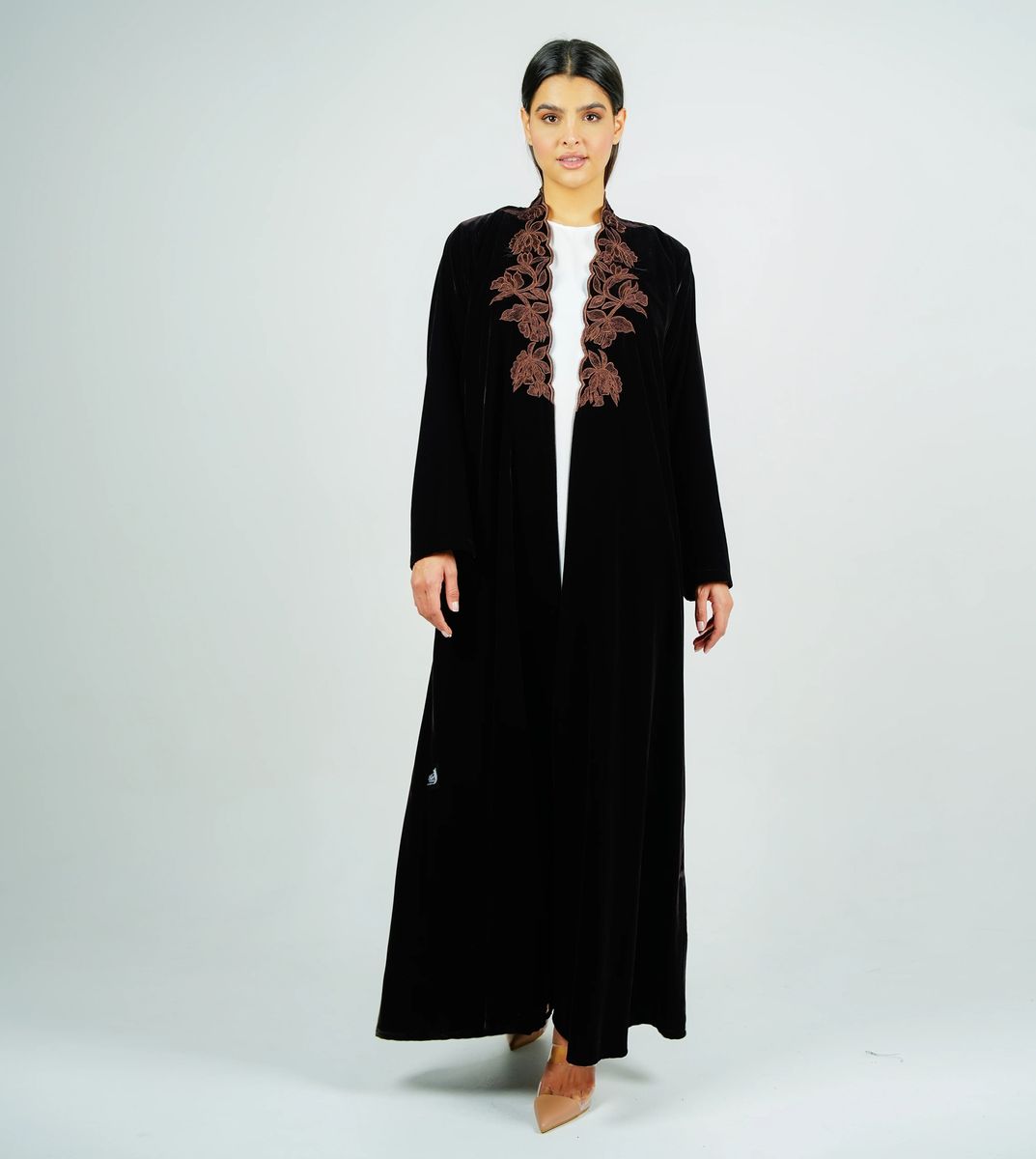 Luxurious Velvet Brown Abaya With Embroidery On The Neckline Rosette Abaya - Women's Abayas 11