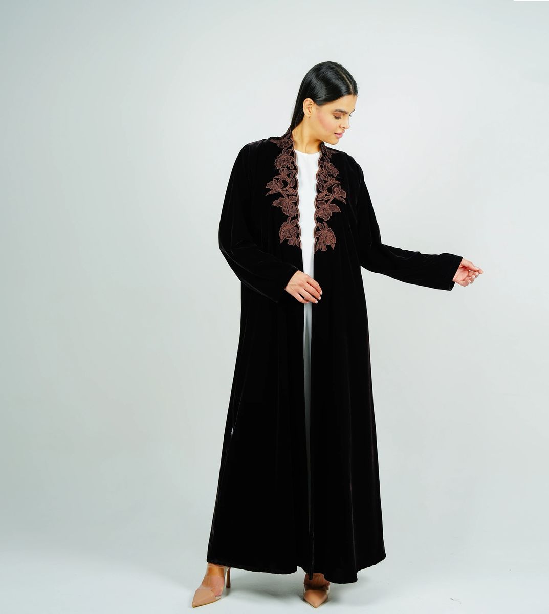 Luxurious Velvet Brown Abaya With Embroidery On The Neckline Rosette Abaya - Women's Abayas 1