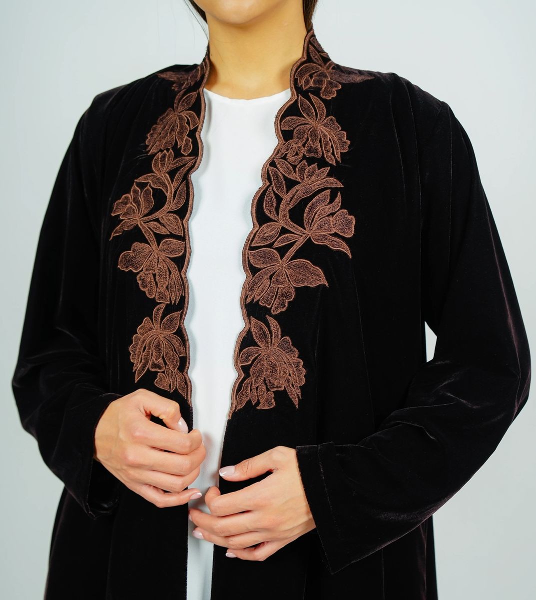 Luxurious Velvet Brown Abaya With Embroidery On The Neckline Rosette Abaya - Women's Abayas 2