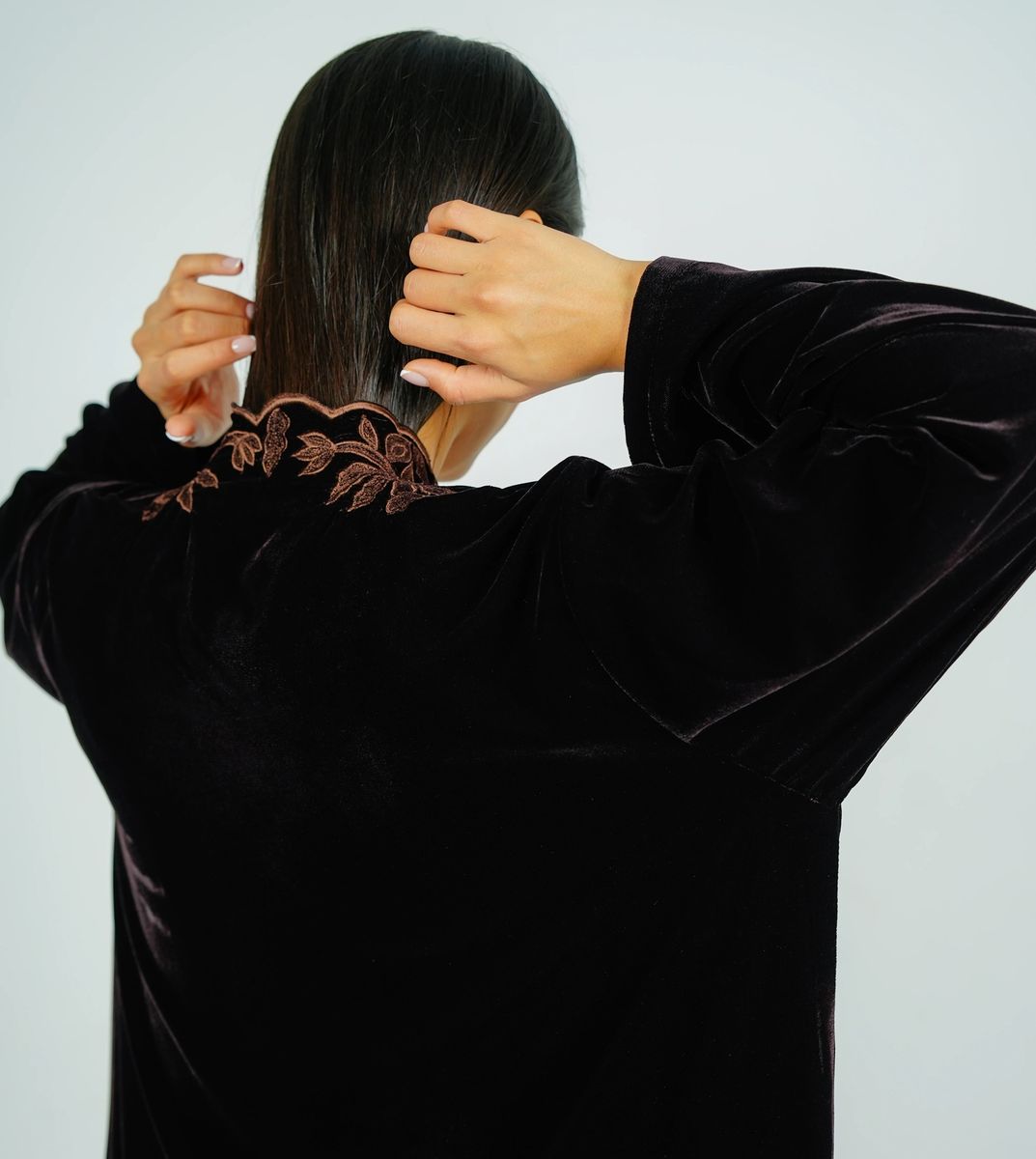 Luxurious Velvet Brown Abaya With Embroidery On The Neckline Rosette Abaya - Women's Abayas 3