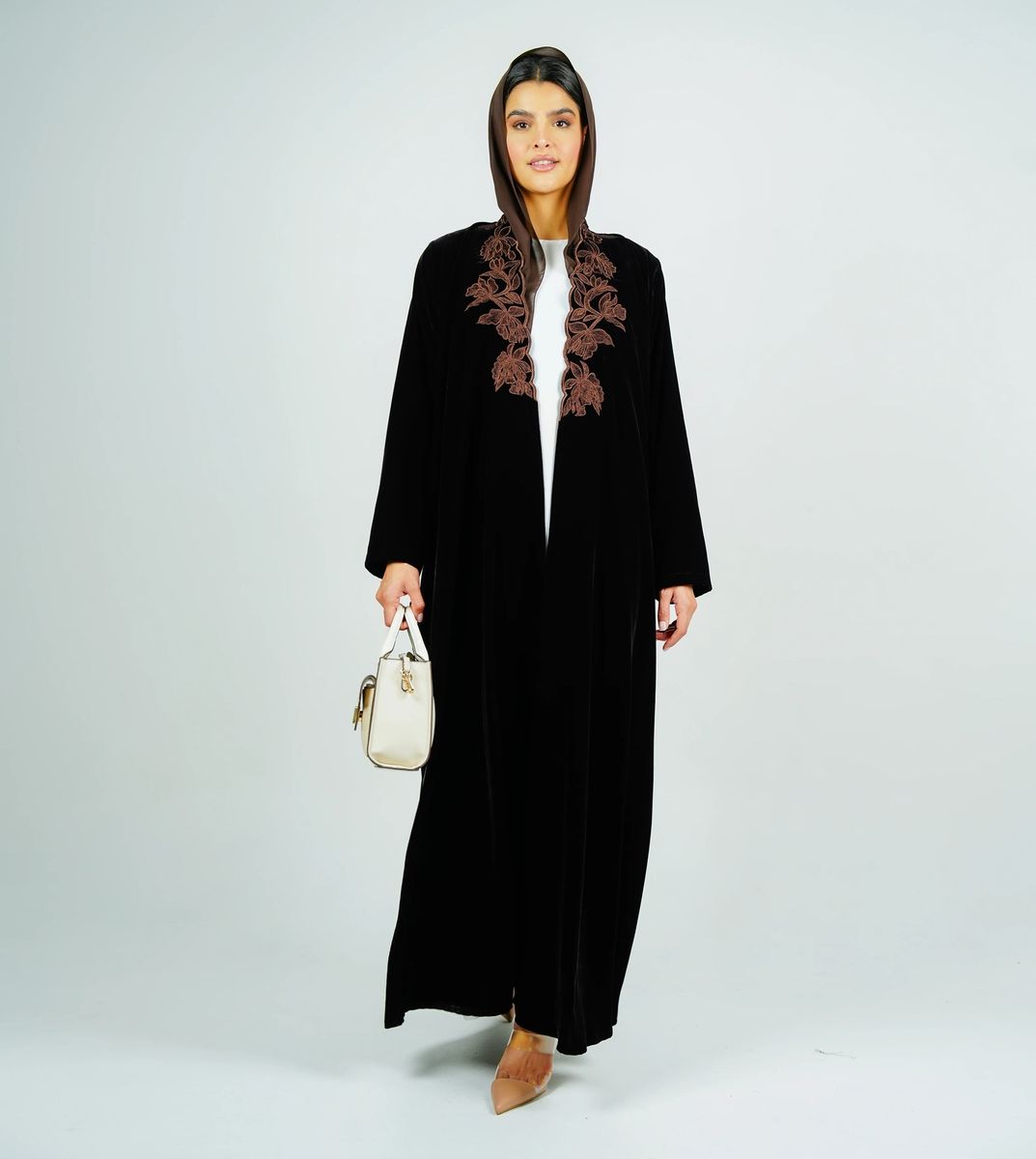 Luxurious Velvet Brown Abaya With Embroidery On The Neckline Rosette Abaya - Women's Abayas 4