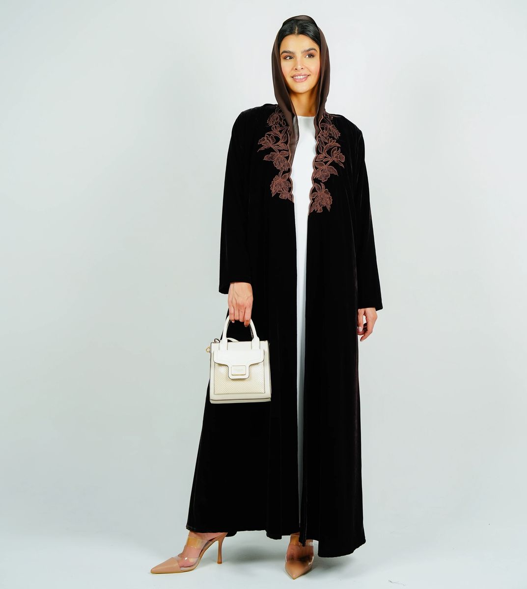 Luxurious Velvet Brown Abaya With Embroidery On The Neckline Rosette Abaya - Women's Abayas 5