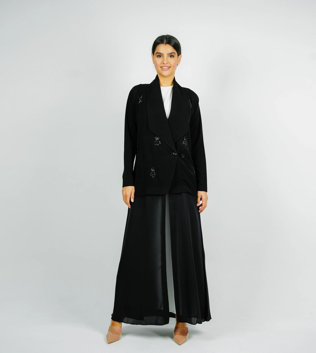 Stylish Elegant Blazer Abaya,With Mix Fabric Design And Embroidery Style Rosette Abaya - Women's Abayas 11