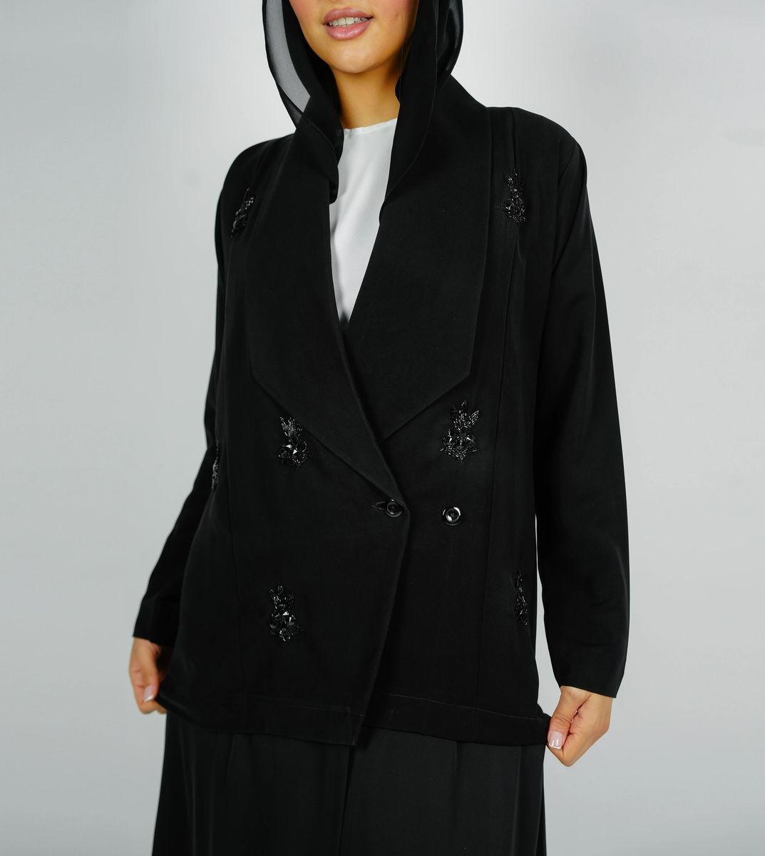 Stylish Elegant Blazer Abaya,With Mix Fabric Design And Embroidery Style Rosette Abaya - Women's Abayas 1