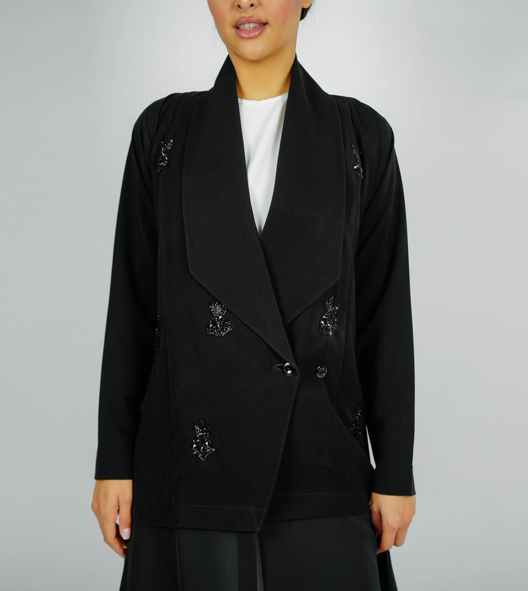 Stylish Elegant Blazer Abaya,With Mix Fabric Design And Embroidery Style Rosette Abaya - Women's Abayas 2