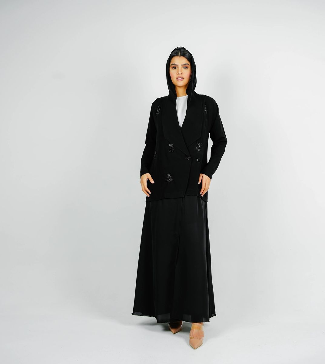 Stylish Elegant Blazer Abaya,With Mix Fabric Design And Embroidery Style Rosette Abaya - Women's Abayas 4