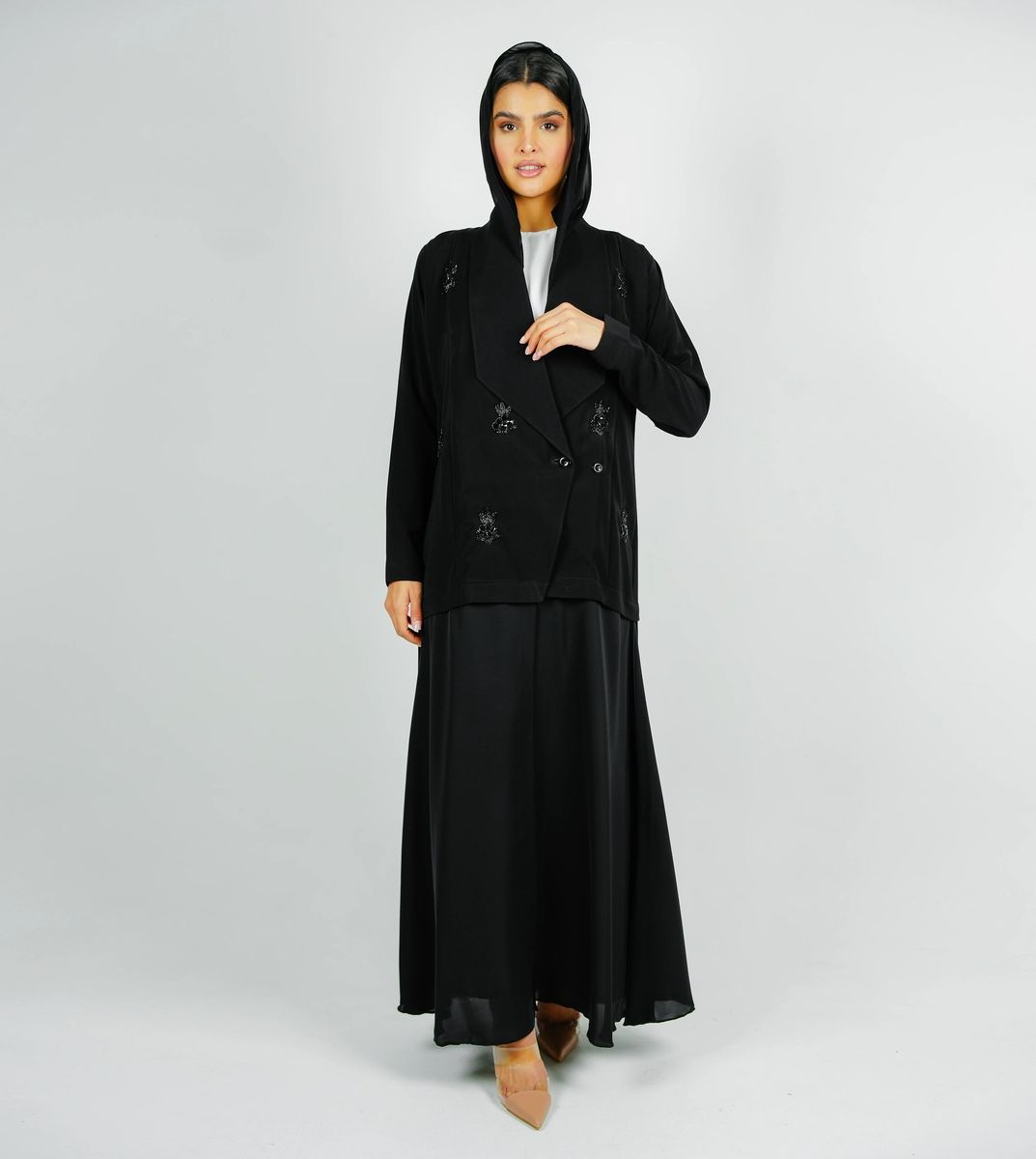 Stylish Elegant Blazer Abaya,With Mix Fabric Design And Embroidery Style Rosette Abaya - Women's Abayas 5