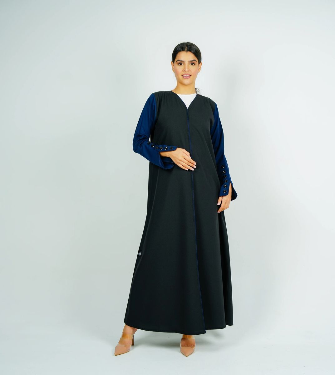 Stylish Black Abaya With Navy Sleeves Button Style + Matching Shella Rosette Abaya - Women's Abayas 10
