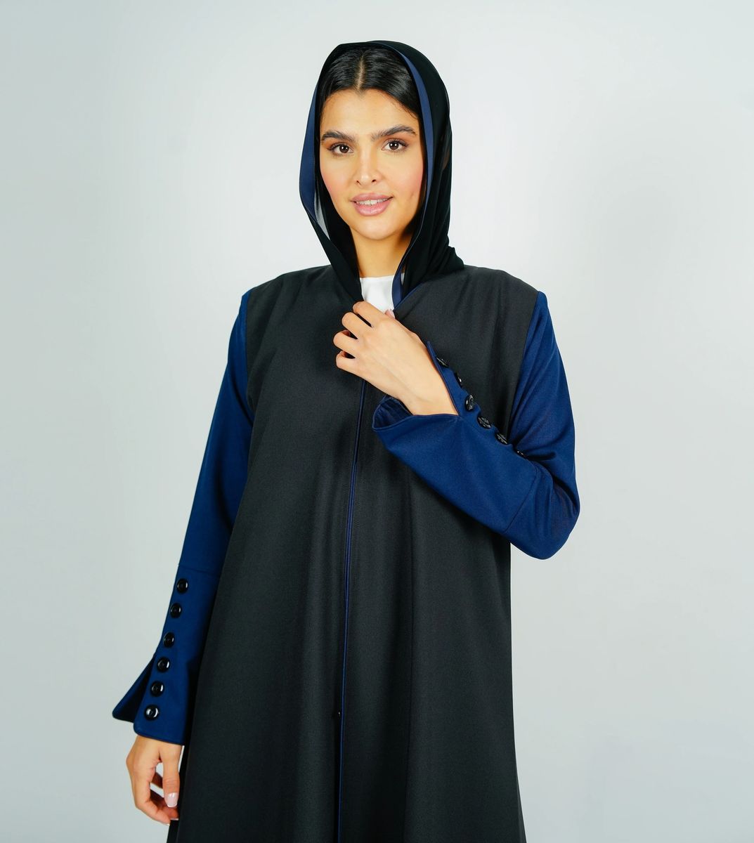 Stylish Black Abaya With Navy Sleeves Button Style + Matching Shella Rosette Abaya - Women's Abayas 1