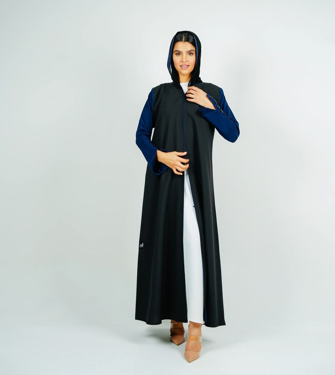 Stylish Black Abaya With Navy Sleeves Button Style + Matching Shella Rosette Abaya - Women's Abayas 2