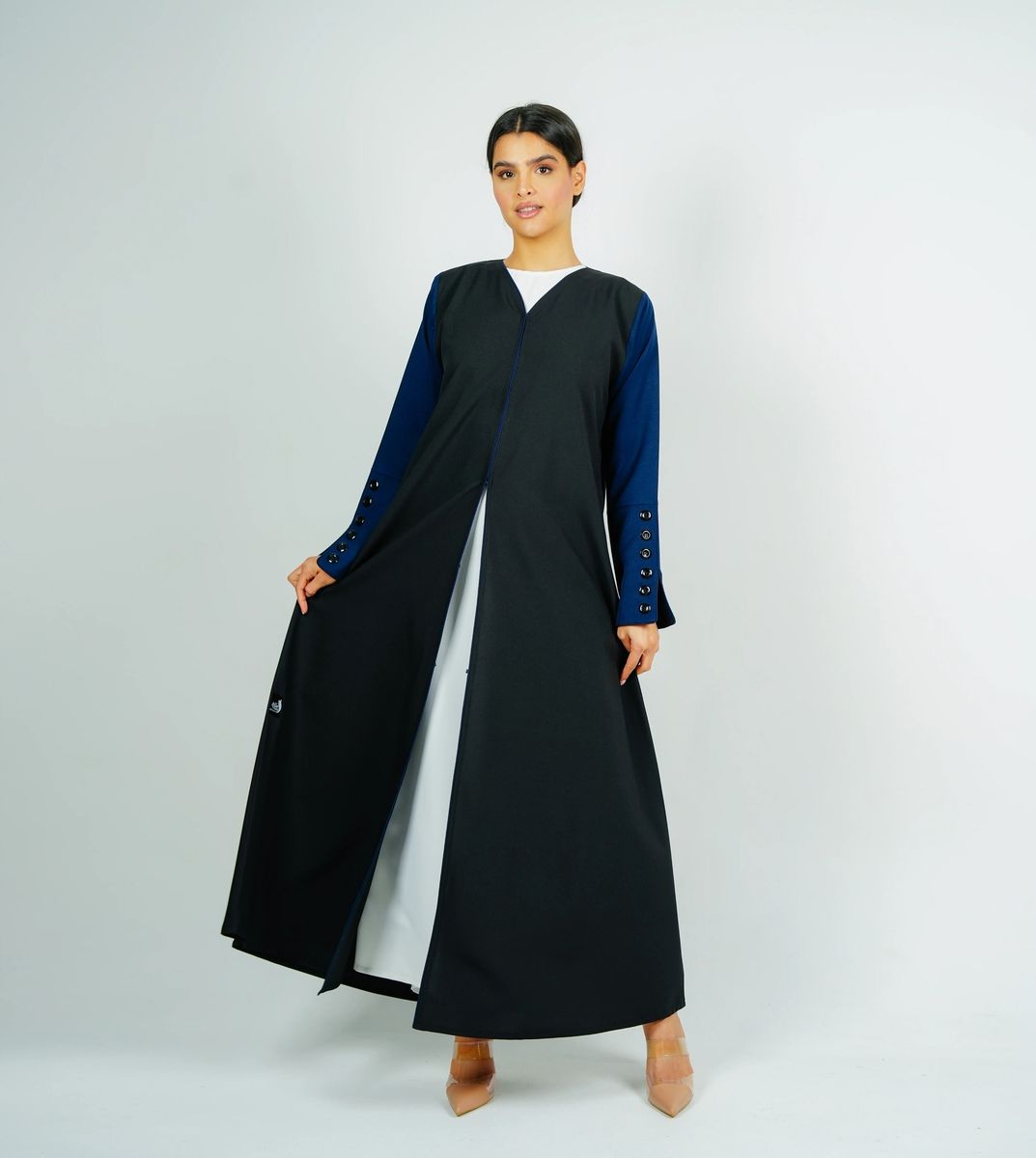 Stylish Black Abaya With Navy Sleeves Button Style + Matching Shella Rosette Abaya - Women's Abayas 3