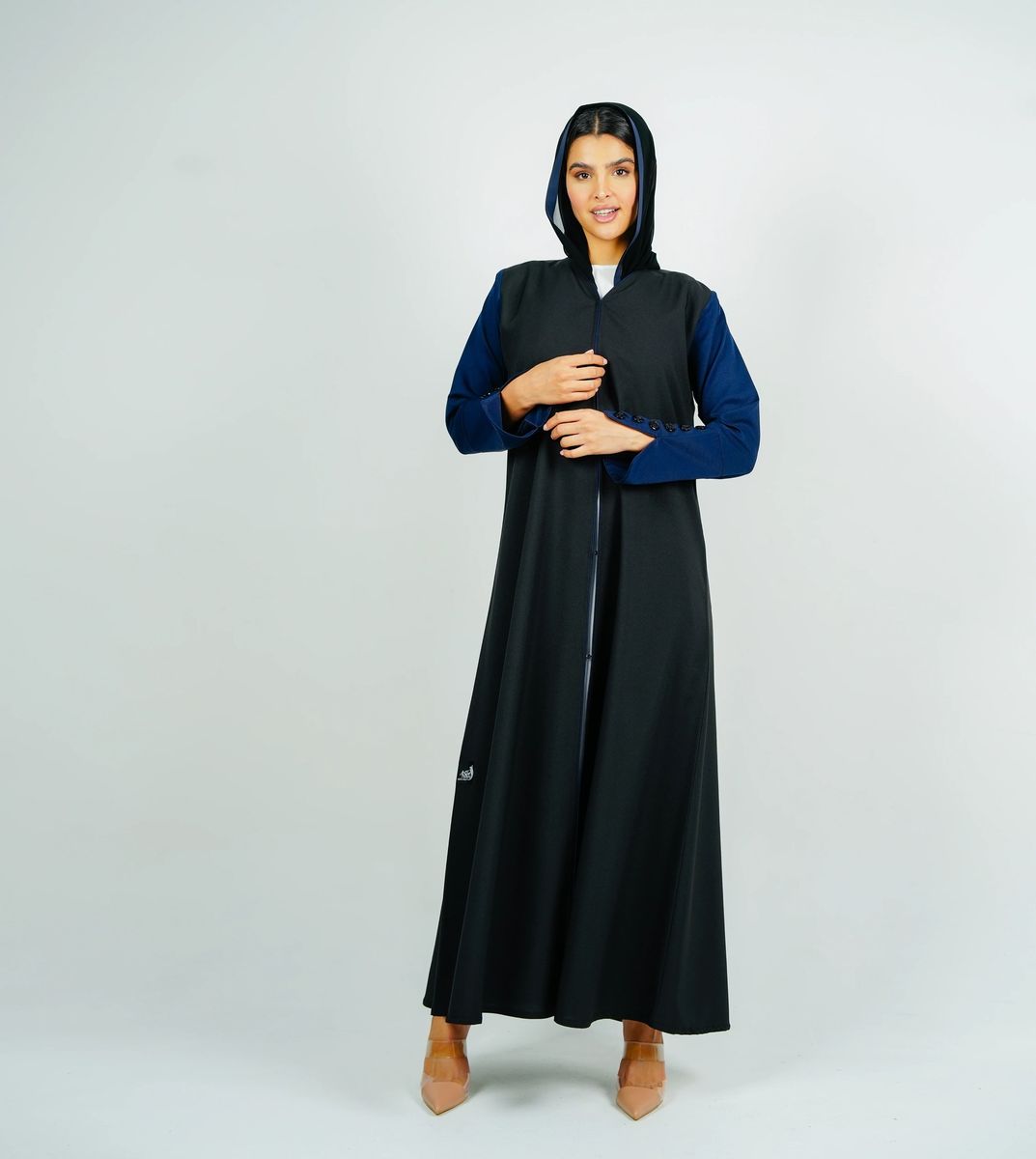 Stylish Black Abaya With Navy Sleeves Button Style + Matching Shella Rosette Abaya - Women's Abayas 4