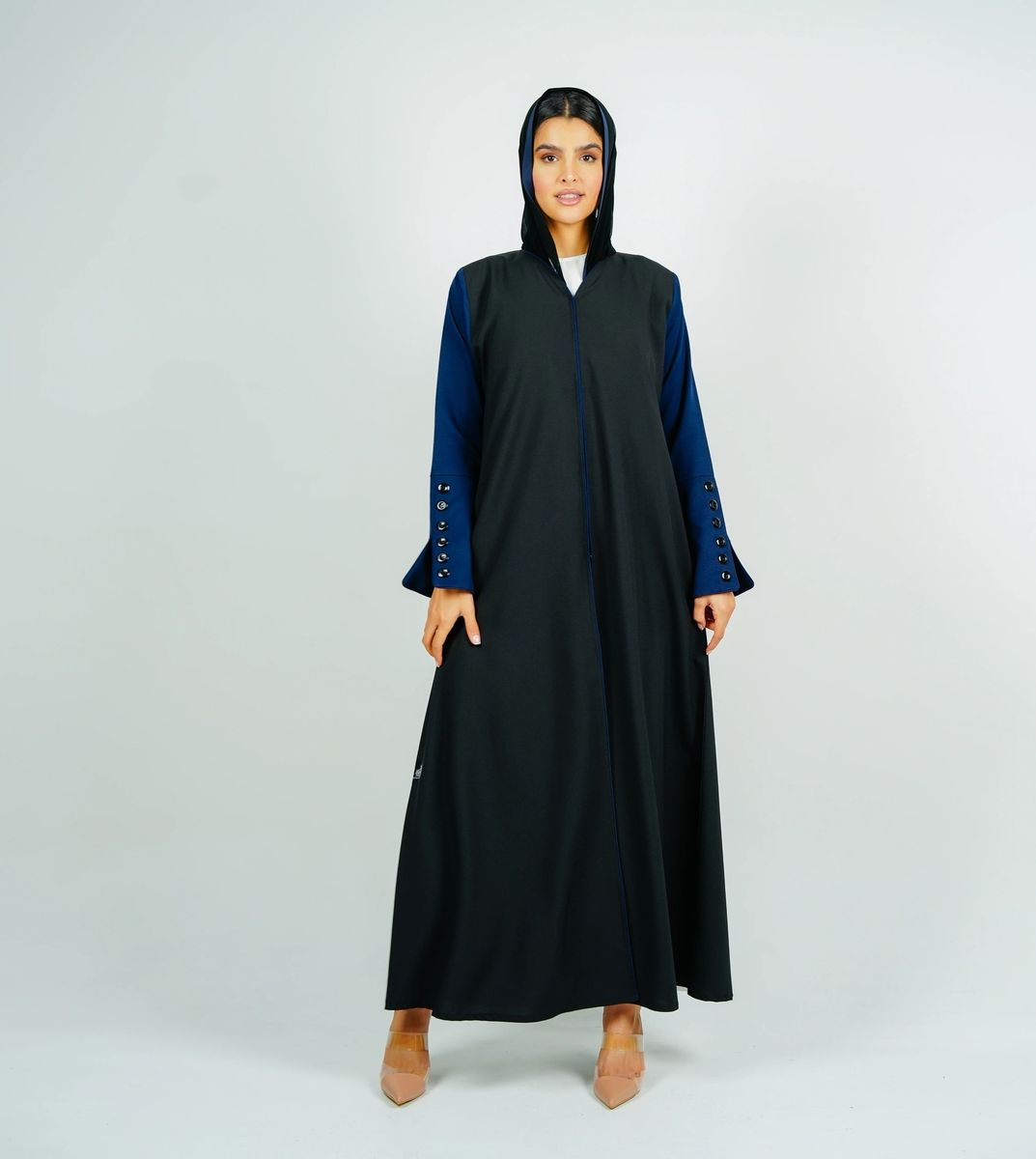 Stylish Black Abaya With Navy Sleeves Button Style + Matching Shella Rosette Abaya - Women's Abayas 5