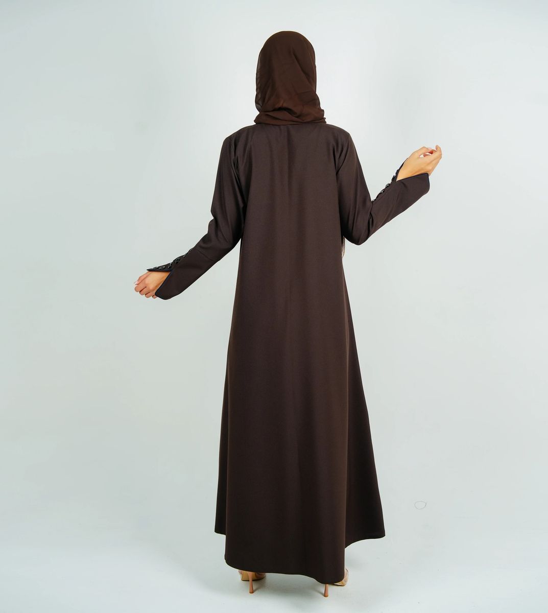 Stylish Brown Abaya With Sleeves Button Style + Matching Shella Rosette Abaya - Women's Abayas 3