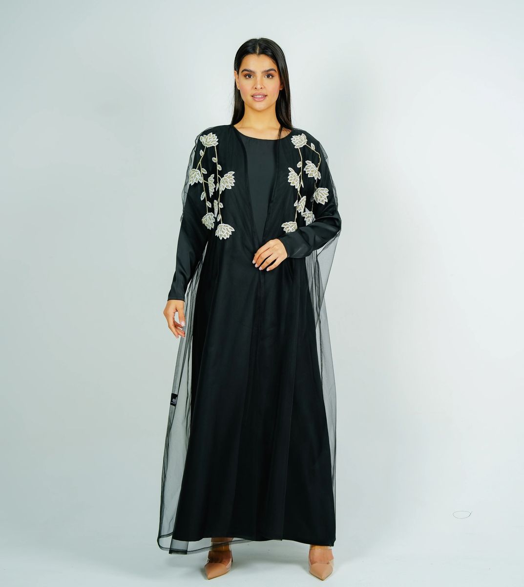 Luxurious Tulip-Embroidered Tulle Abaya with Matching Inner Dress Rosette Abaya - Women's Abayas 11