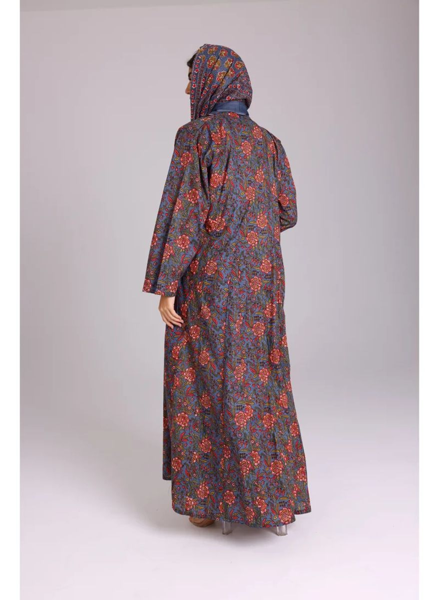 Beautiful Orange Flowers Prints Abaya Blue ABY1217