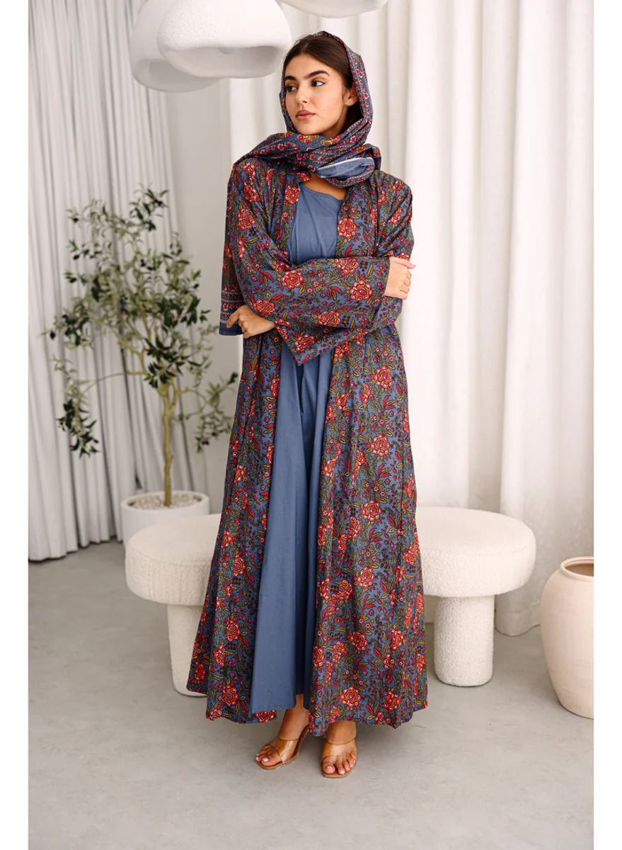 Beautiful Orange Flowers Prints Abaya Blue ABY1217