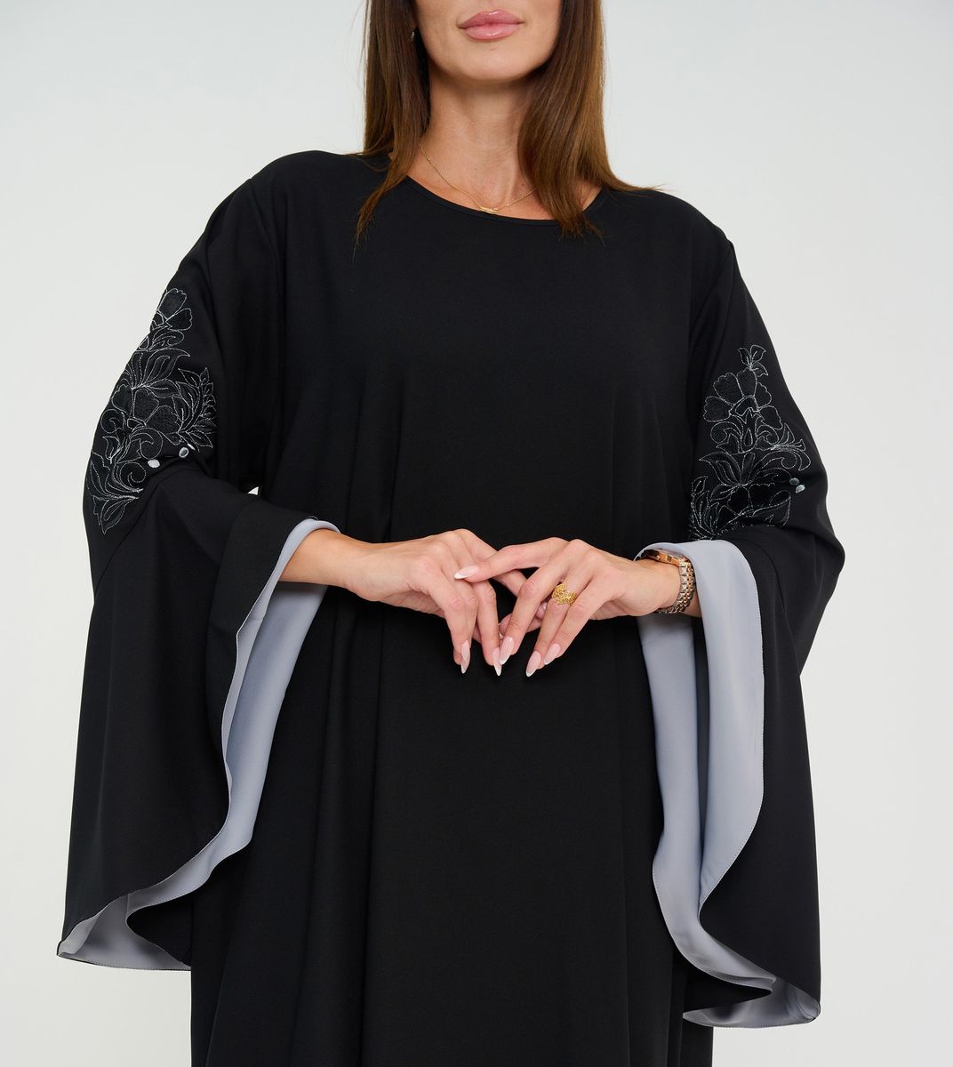 Black Abaya With French Cut Flowing Grey Sleeves With Embroidery