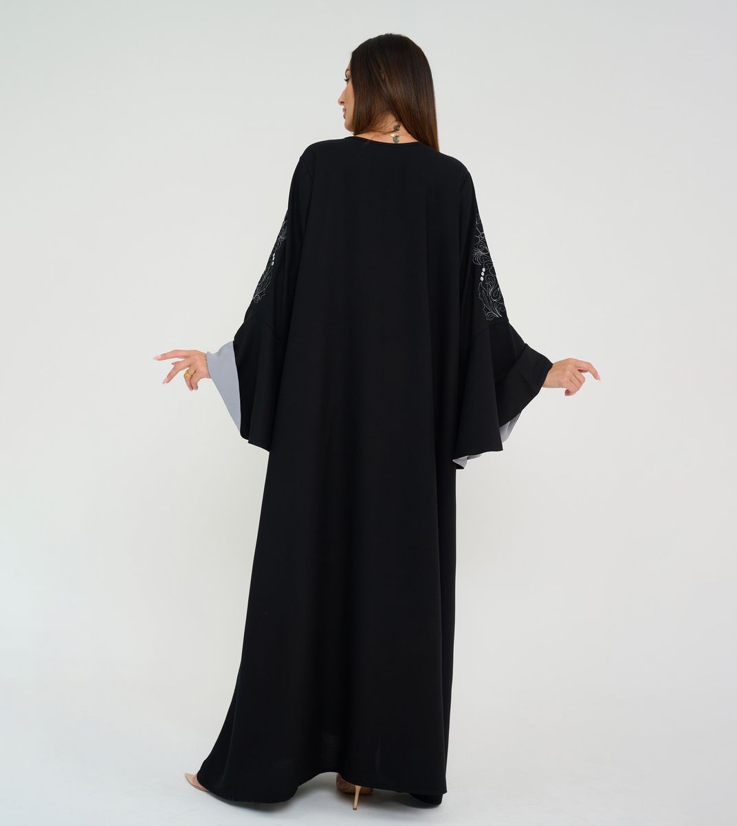 Black Abaya With French Cut Flowing Grey Sleeves With Embroidery