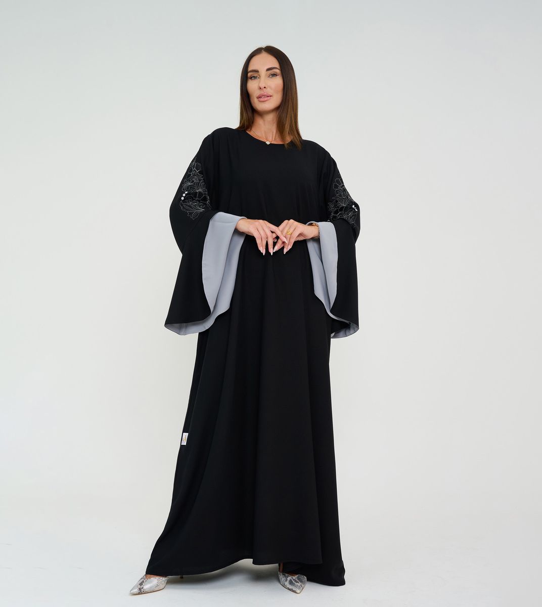 Black Abaya With French Cut Flowing Grey Sleeves With Embroidery