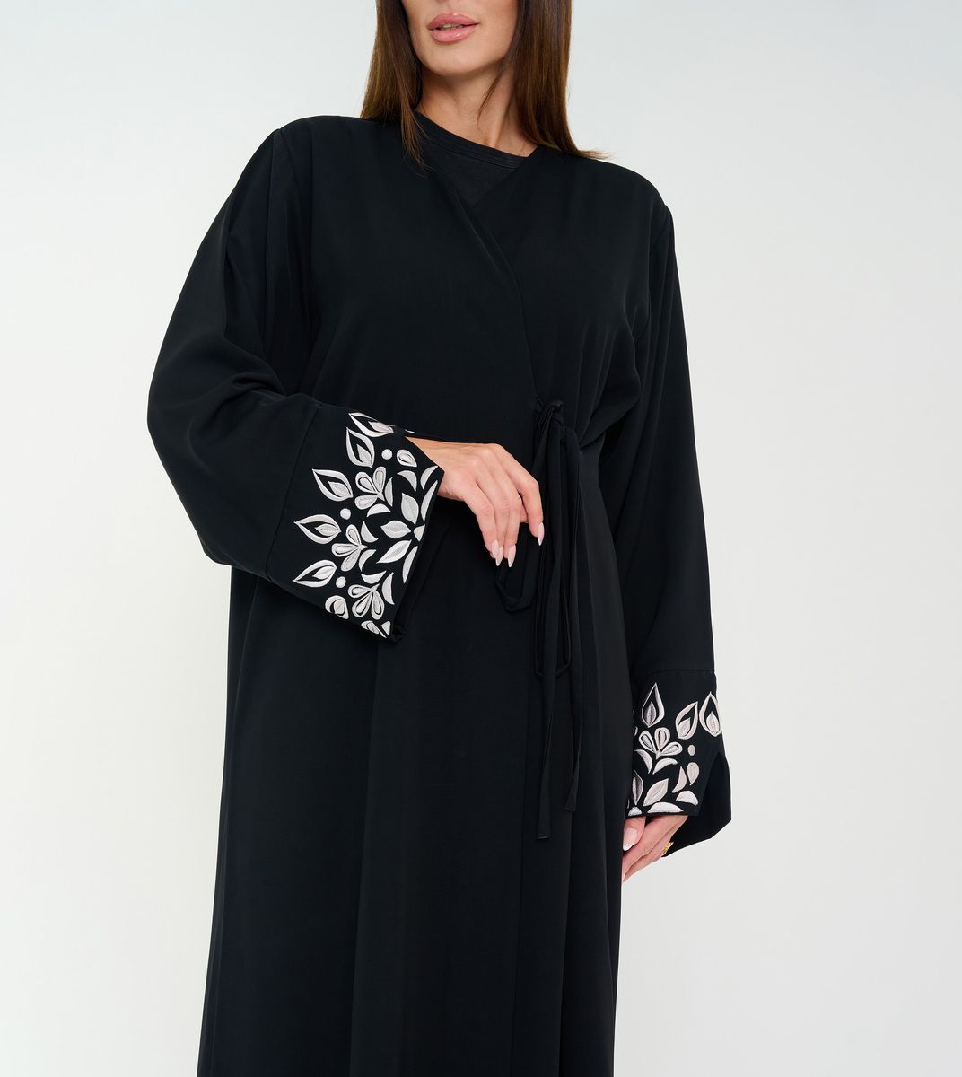 Black Open Abaya With Embroidery Design On Sleeves