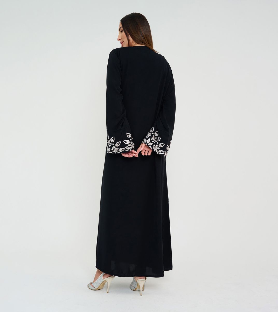 Black Open Abaya With Embroidery Design On Sleeves