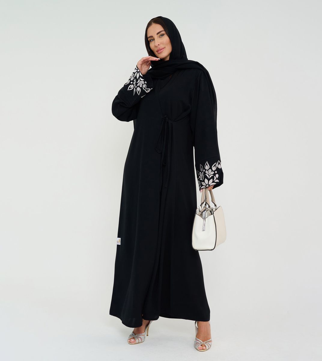 Black Open Abaya With Embroidery Design On Sleeves
