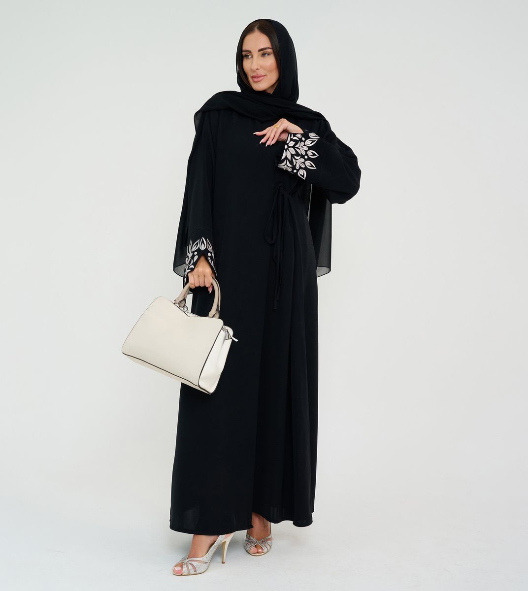Black Open Abaya With Embroidery Design On Sleeves