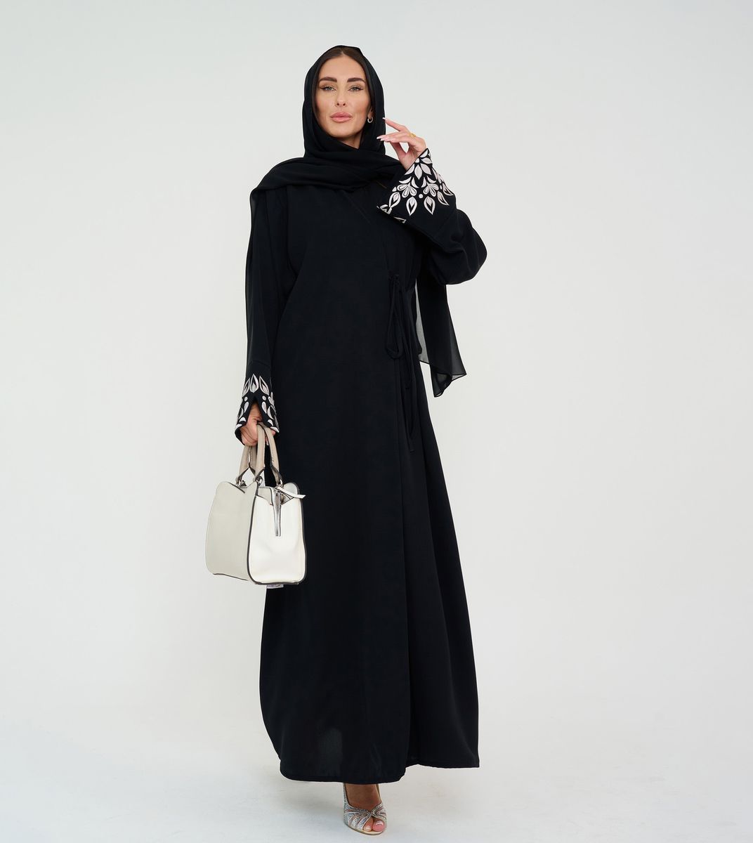 Black Open Abaya With Embroidery Design On Sleeves