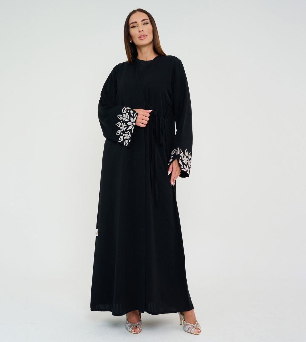 Black Open Abaya With Embroidery Design On Sleeves