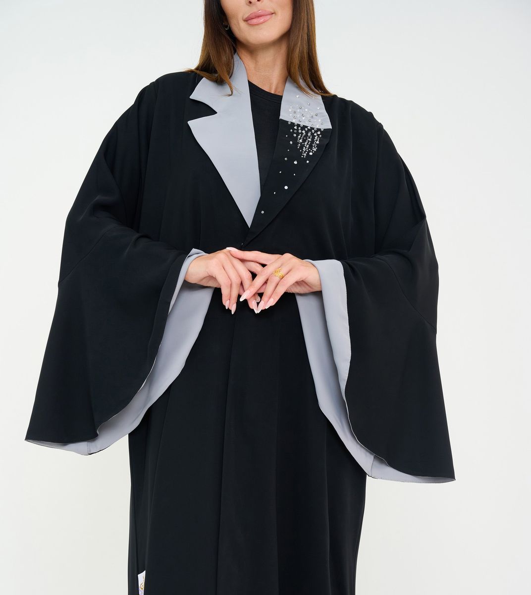 Abaya With Grey Neck Design+Hand Embroidery and Flowing Sleeves Double Color Abaya With Grey Neck Design+Hand Embroidery and Flowing Sleeves Double Color