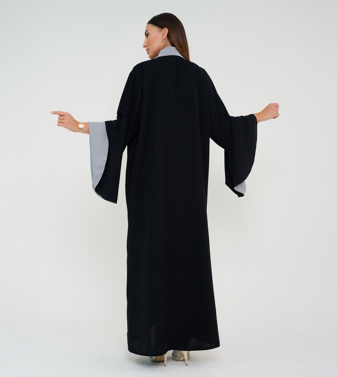 Abaya With Grey Neck Design+Hand Embroidery and Flowing Sleeves Double Color Abaya With Grey Neck Design+Hand Embroidery and Flowing Sleeves Double Color