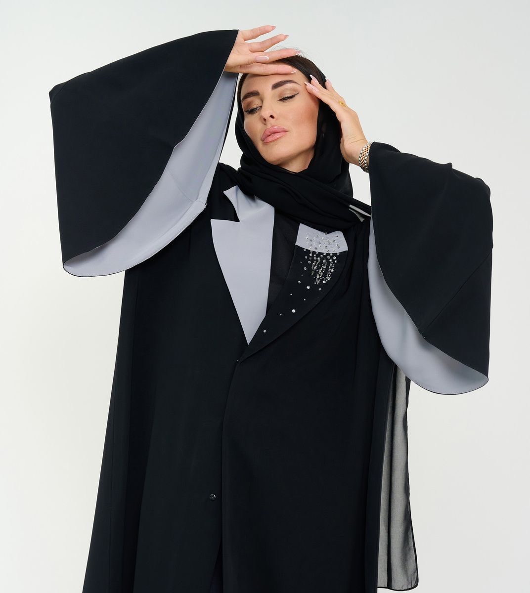 Abaya With Grey Neck Design+Hand Embroidery and Flowing Sleeves Double Color Abaya With Grey Neck Design+Hand Embroidery and Flowing Sleeves Double Color