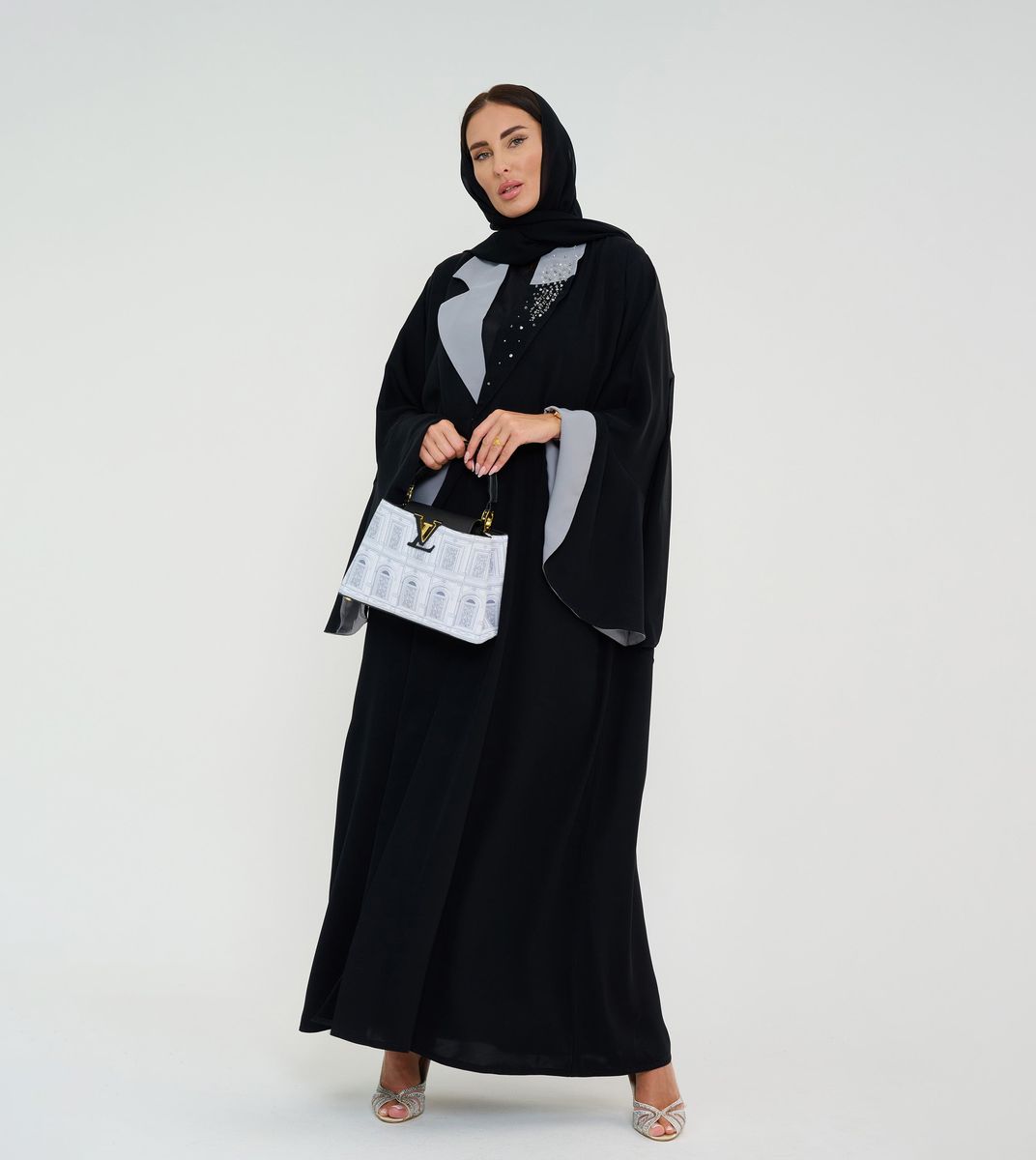 Abaya With Grey Neck Design+Hand Embroidery and Flowing Sleeves Double Color Abaya With Grey Neck Design+Hand Embroidery and Flowing Sleeves Double Color