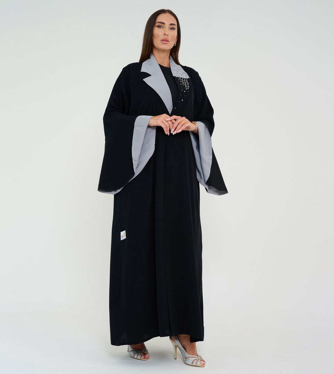 Abaya With Grey Neck Design+Hand Embroidery and Flowing Sleeves Double Color Abaya With Grey Neck Design+Hand Embroidery and Flowing Sleeves Double Color