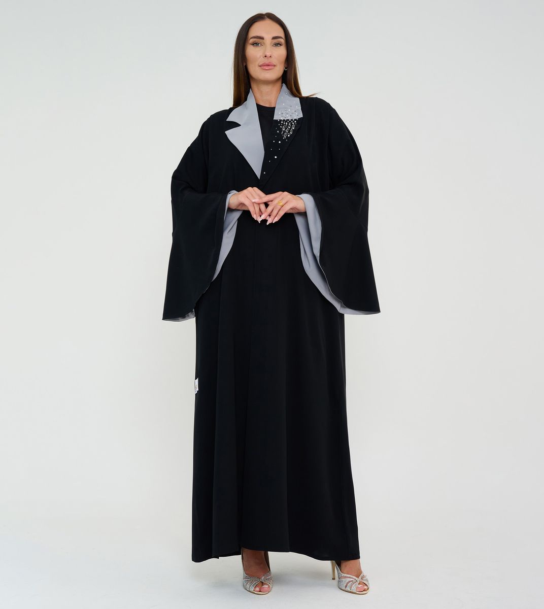 Abaya With Grey Neck Design+Hand Embroidery and Flowing Sleeves Double Color Abaya With Grey Neck Design+Hand Embroidery and Flowing Sleeves Double Color